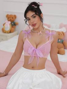 PetitDoll 1pc Women's Lavender Mesh Butterfly Embellished Underwire Sexy Bra - Multicolor - View 3