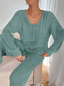 EURMUSE Pulover tricotat coordonat cu pantaloni și model cu împletitură