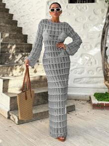 EURMUSE Váy Maxi Jacquard tay chuông màu trơn dành cho nữ - Xám - Xem 5