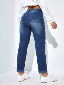 SHEIN ICON Quần Jeans Denim Ngắn Lưng Cao Có Túi Rách Thường Ngày Cho Nữ - Rửa trung bình - Xem 2