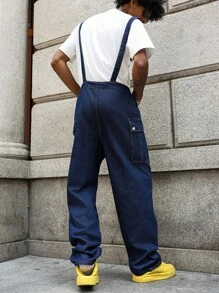 PAVTROS 男士休闲街头字母印花翻盖口袋牛仔背带裤 - 中等水洗藍 - 查看 2