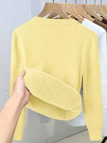 Franclia 女式修身落肩圆领保暖毛衣针织套头衫秋冬 - 黃色 - 查看 2