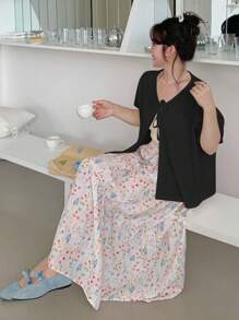 Dazy Plus Áo khoác cardigan ngắn tay buộc phía trước bằng vải họa tiết màu trơn dành cho nữ - màu đen - Xem 4