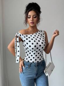 SHEIN LUNE 时尚不对称领口系带无袖波尔卡圆点印花修身 T 恤，时尚优雅设计，夏季 - 彩色 - 查看 5