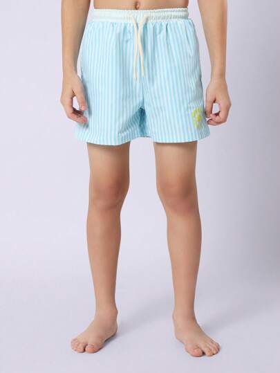 SUMWON Boys Pinstripe Swimming Trunks Summer Beach Shorts Mid Length Drawstring Waistband Elastic Band Swimwear With Sunshine Logo Beach Vacation Pool Party