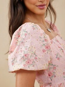 WESTFADE 花卉印花方领荷叶边下摆夏季短袖连衣裙