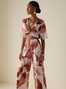 Vesra 女式两件套印花套装（含扭纹上衣和阔腿裤） - 彩色 - 查看 3