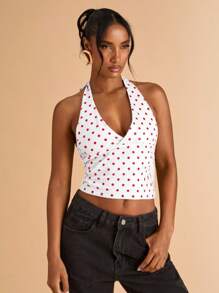 SHEIN BAE Summer Polka Dot Print Casual Halter Top, Suitable For Brunch, Outing, Dating, Commute, Cruise, Ibiza - Multicolor - View 7