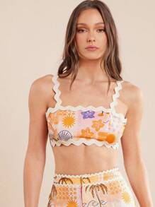 L'Amorae Tank Top Cami Wanita Motif Bunga dengan Hem Berkerut, Untuk Liburan - Jeruk - View 3