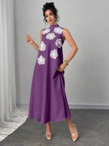 Modelyn 女士优雅时尚 3D 花卉刺绣宽松 A 字连衣裙，奢华浅黄色 - Bold Plum - 查看 3