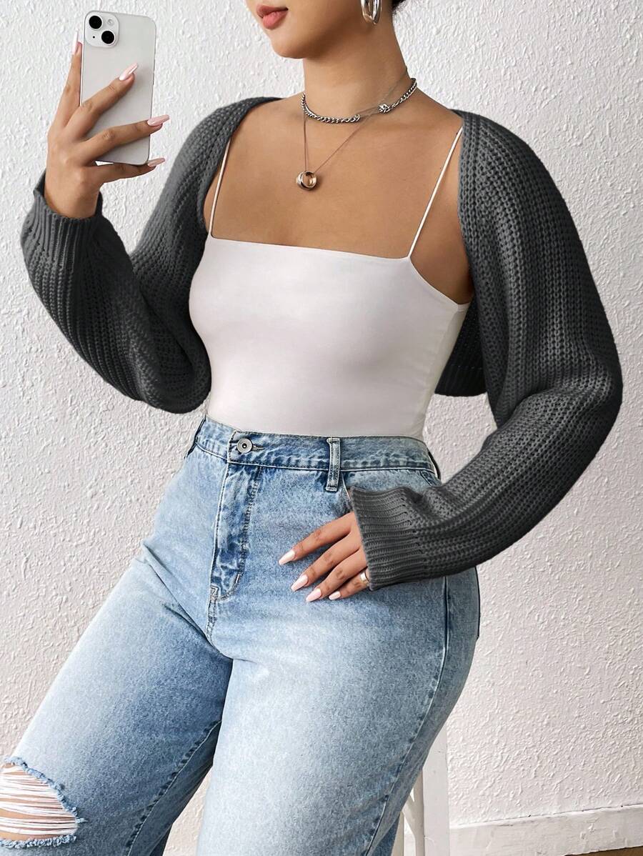 SHEIN EZwear 加绒罗纹针织开衫无吊带背心上衣春秋冬装 - 深灰色 - 查看 1