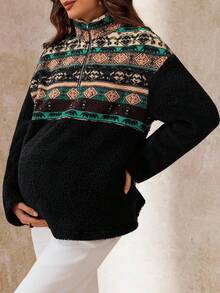 Boho Mama 秋冬款秋冬女装孕妇几何图案拉链偏门襟长袖运动衫