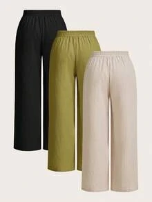 SHEIN Essnce Plus Women's Summer Vacation Business Casual Woman Office New Style Fashion Casual Commuting Vacation Light Breathable Comfortable 3 Pieces Loose Wide-Leg Pants, Seaside Pants - Khaki - View 2
