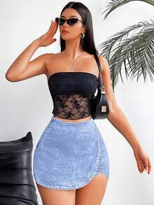 SHEIN Tall 女士休闲水洗裹身牛仔短裤 - 霧霾藍 - 查看 4