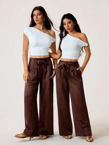 SHEIN Tall 女式休闲百搭纯色直筒正装裤 - 棕色 - 查看 2
