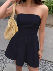 INAWLY Vestido mini con bandeau, volantes en el bajo y detalle de twist en la espalda, de unicolor para mujer