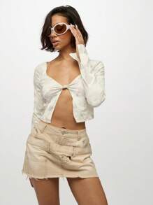 SUMWON WOMEN Western Style Deconstructed Tiered Denim Mini Skirt Raw Edge Hem Distressed Design Paneled Multiple Pockets Festival Spring Summer Casual High Waist Everyday Staple - Khaki - View 6