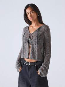 LYSMO 女士纯色落肩长袖镂空系带开衫 - 灰色 - 查看 4