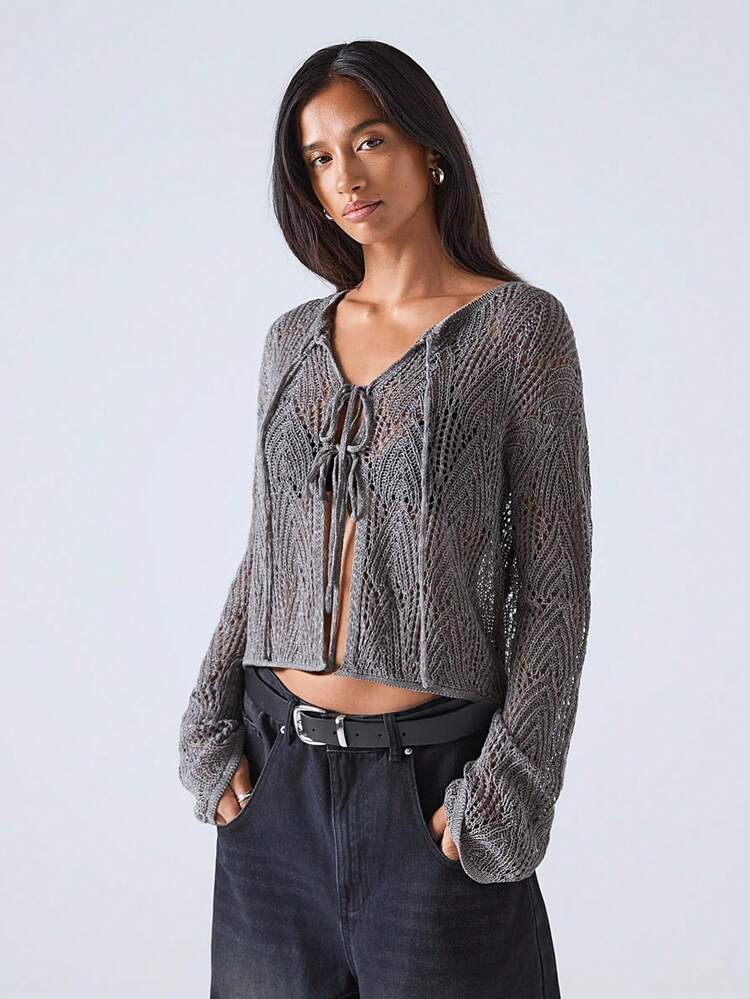 LYSMO 女士纯色落肩长袖镂空系带开衫 - 灰色 - 查看 4