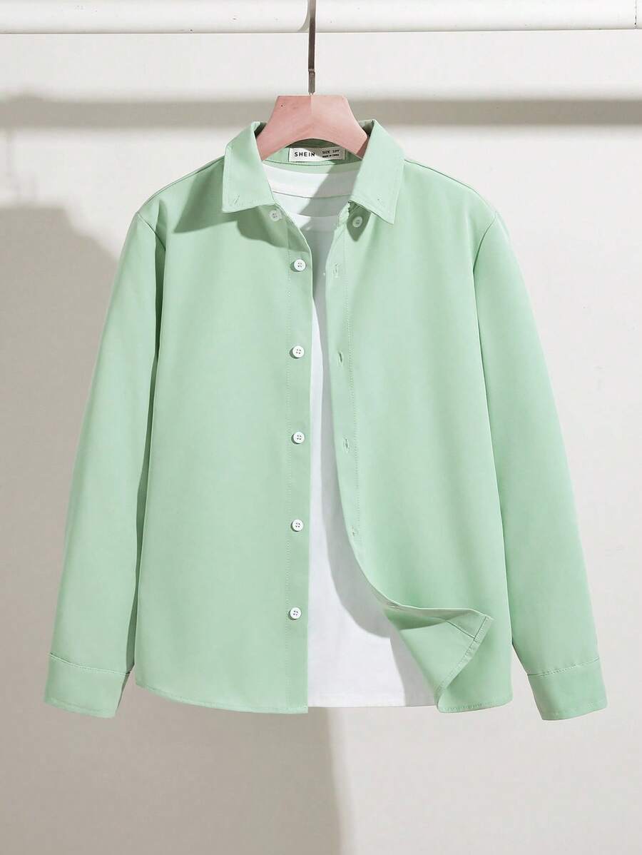 SHEIN Áo sơ mi dài tay màu trơn thường ngày cho bé trai tuổi mới lớn, mùa xuân và mùa thu - Màu xanh Bạc hà - Xem 1