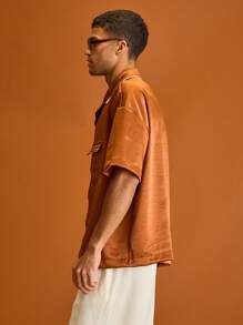 Musero 男士真丝短袖立领刺绣品牌细节衬衫纽扣前袋夏季假日休闲