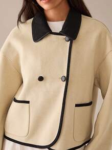 Lilora Women's Casual Contrast Color Lapel Drop Shoulder Long Sleeve Woolen Coat In Fall/Winter - Beige - View 11