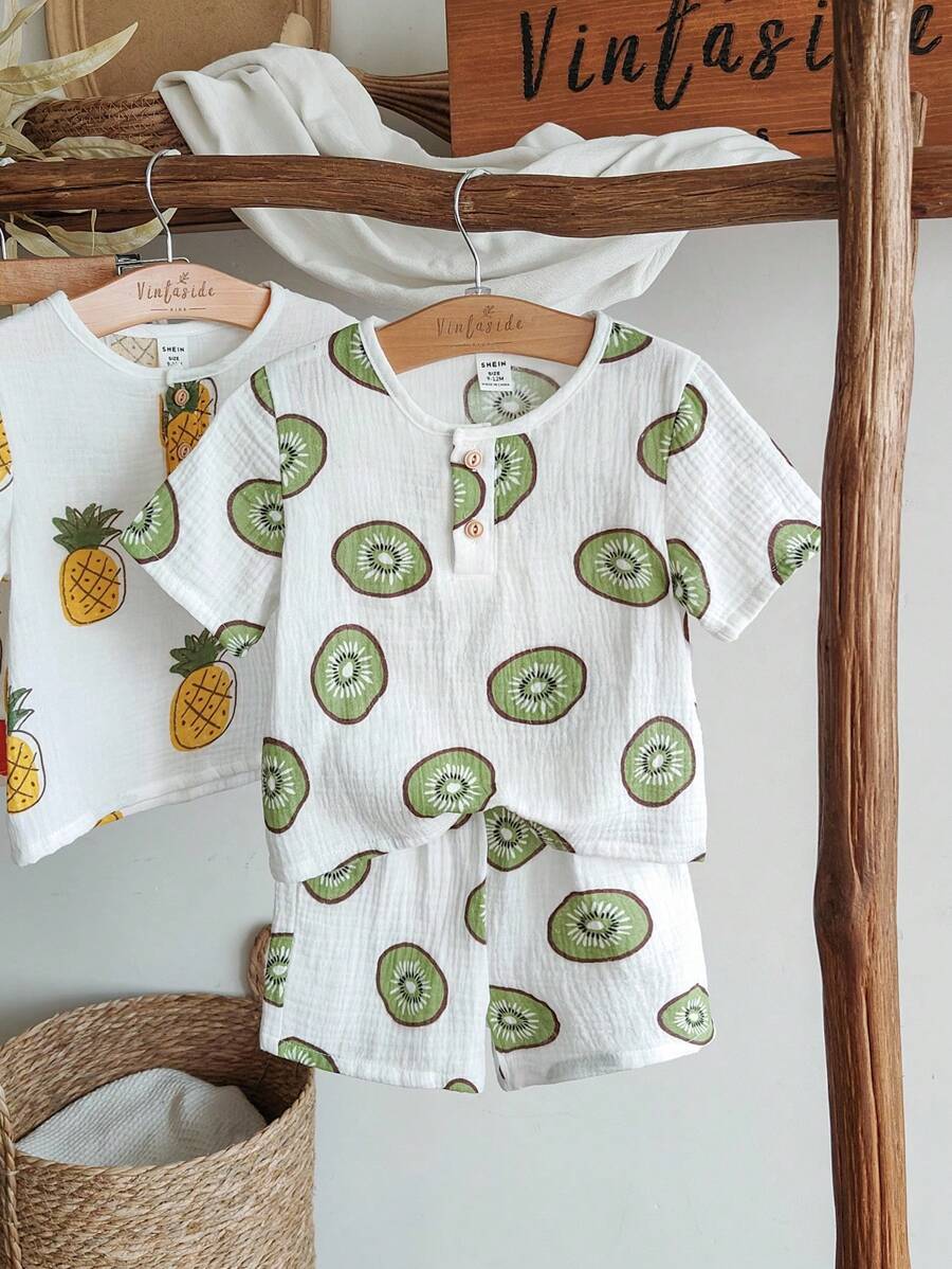 Vintaside Kids 2pcs/Set Cute Watermelon Print Baby Boy Casual Short Sleeve Top And Shorts Set - Green - View 1
