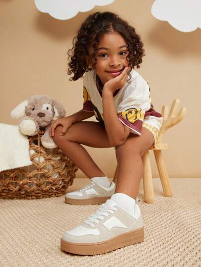 Mini mi Must Have Kids' In Timeless Beige & White Gum Sole Court Sneakers–Retro Street Vibe, Comfy Everyday Fit For School-Ready, Sporty & Sleek