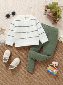 SHEIN 婴儿毛衣套装 - 圆领条纹长袖上衣 + 松紧腰紧身裤，2 件套休闲装 - 綠色 - 查看 4