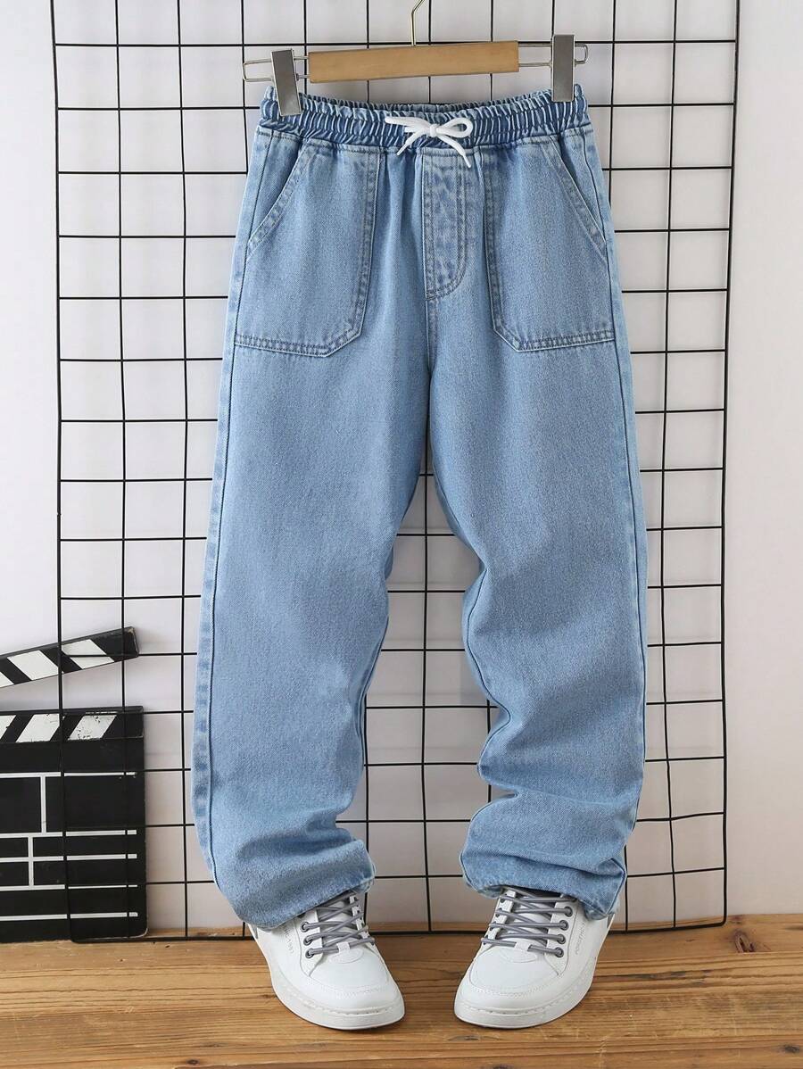 Tween Boy Retro Light Blue Washed Denim Jeans,Drawstring Waist,Patch Pockets,Simple Relaxed Tapered Fit,Summer,Casual,Streetwear,School,Back-To-School - Light Wash - View 1