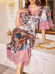 LuxeNights Elegant Romantic Floral Print Lace Ruffle Satin Women Nightgown - Purple - View 5