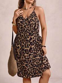 SHEIN VCAY 大码女式豹纹侧系带细肩带夏季连衣裙