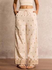 Easelle 女式刺绣阔腿裤 - 米色 - 查看 4