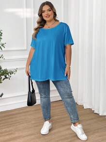 SHEIN CURVE+ Curve 大码/秋装/秋季女装/女士冬装/冬装大码纯色圆领休闲短袖 T 恤，夏季 - 藍色 - 查看 7