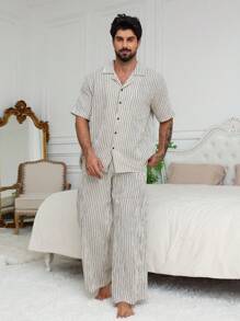 DAZY Khaki Stripe Textured Fabric Men's Pajama Set, Spring/Summer - Khaki - View 3