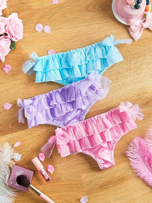 FairyFlirt 3 sztuki Kokietka Ciężka Warstwowa Wielowarstwowa Tortowa Satynowa Kwiatowa Koronkowa Kokarda Kawaii Słodka Lolita Dziewczęca Bielizna