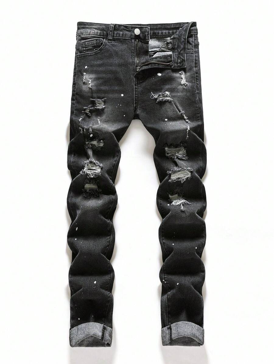 SHEIN Jeans negros rotos y desgastados de estilo vintage Y2K con cortes y roturas, de tela elástica, para niños y adolescentes, ropa casual y de uso diario para otoño, invierno y vuelta al cole, ideal para fiestas, festivales y streetwear - Negro - Ver 1