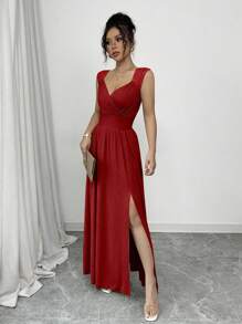 SHEIN Raffinéa Váy xẻ chữ A không tay, cổ chữ V, viền ren thanh lịch kiểu Pháp, eo nhún, màu kaki, mặc thường ngày, dự tiệc, cưới, xuân/hè - Đỏ - Xem 7