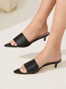 CUCCOO CHICEST Women's Elegant Casual Minimalist All-Match Black Faux Leather Pointed Toe Kitten Heel Sandals, Suitable For Work, Vacation, Beach, Versatile - Black - View 5