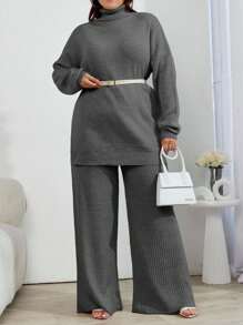EURMUSE 2pcs High Neck Drop Shoulder Sweater And Ribbed Solid Color Sweater Pants - Dark Grey - View 6
