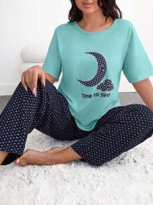 SHEIN Set pijamale Cottonline 2 piese mărime mare, cămașă cu mânecă scurtă și imprimeu cu lună în culori contrastante, model stele