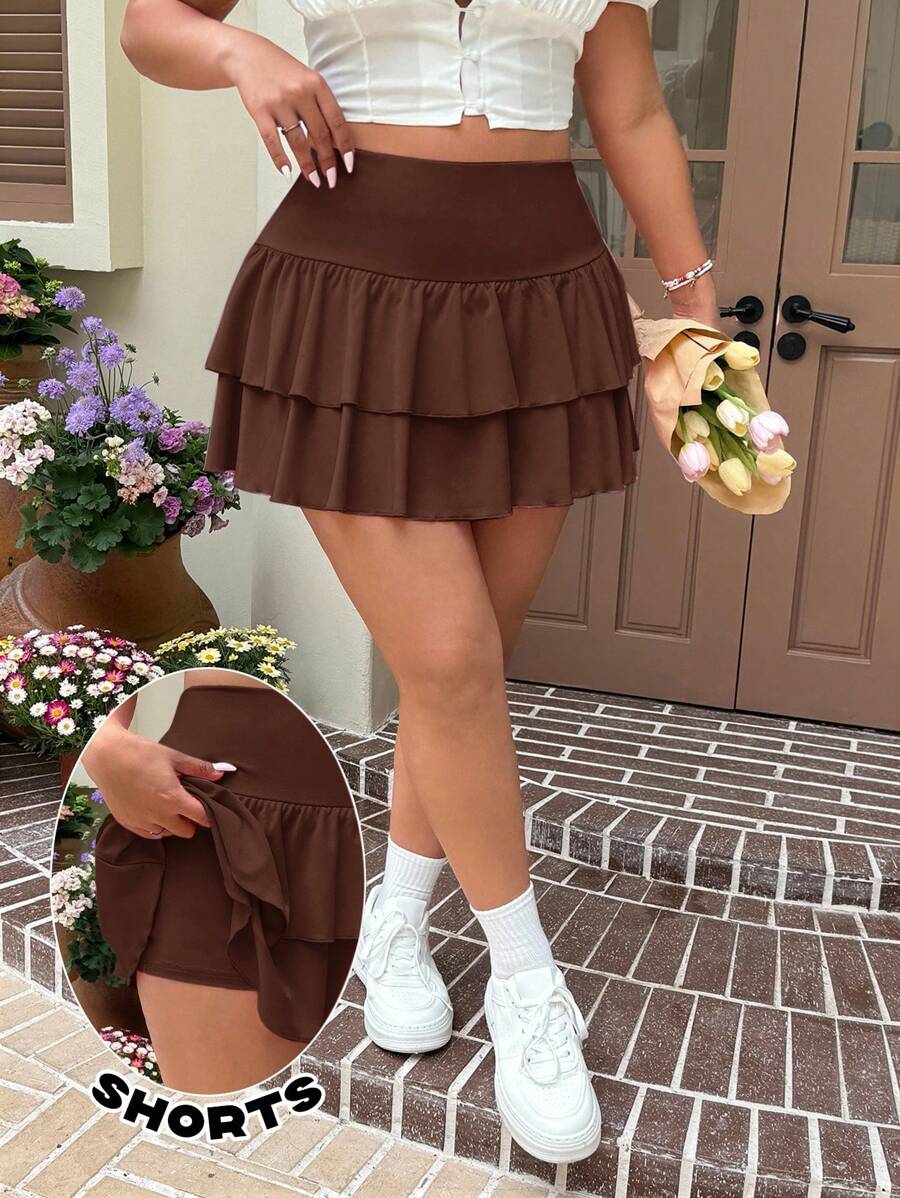 SHEIN EZwear 大码女式巧克力棕色短款 A 字裙，蛋糕风格 - 巧克力棕 - 查看 1