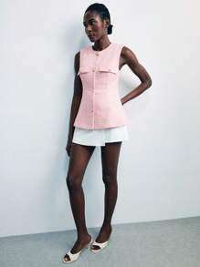 Maija 女士粉色和金色编织粗花呢面料百搭无袖圆领西装外套，办公室/休闲/商务西装外套 - 淺粉色 - 查看 6