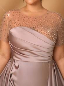 SHEIN Belle Plus Size Elegant And Gorgeous Champagne Color Hot Diamond Craft Stitching Computer Beading Round Neck Short Sleeve Pleated Slim Fishtail Hem Stitching Dress Suitable For Dinner Dance Bachelorette Party Date Holiday Wedding Event Evening Dress Bride Mother Dress Wedding Guest Dress Women