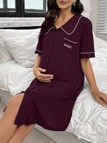 Moonlight&Mama Maternity Dress With Embroidered Letter Pocket And Contrast Trim Peter Pan Collar