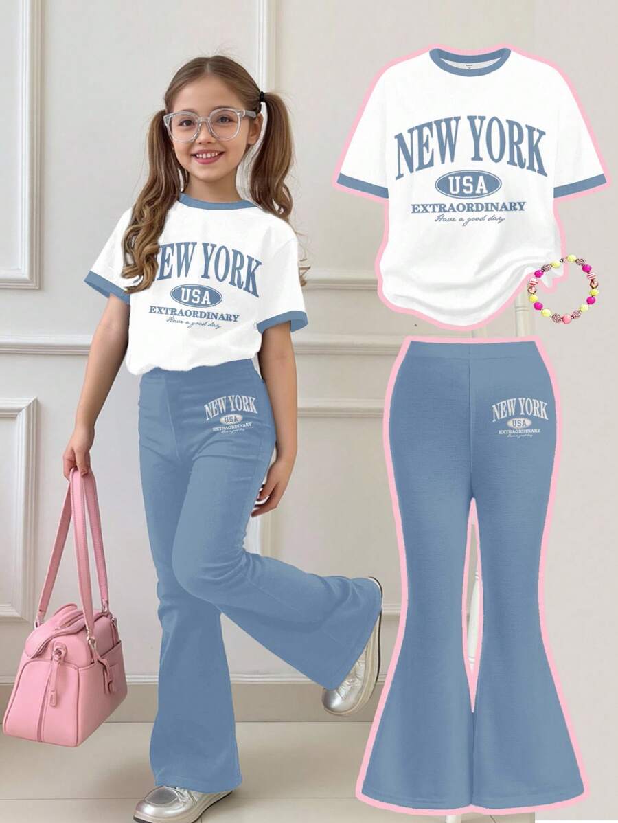 SHEIN Set de 2 piezas con parte superior de manga corta de cuello redondo con gráfico de dibujos animados y pantalones acampanados, apropiado para verano, para niña joven - Multicolor - Ver 1