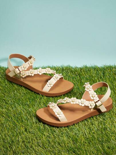 Mini mi 女童花卉装饰系带素食皮革奶油色搭扣凉鞋 - 舒适适合夏季玩耍、泳池派对和盛装场合