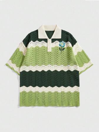 Street Life Polo shirt en maille avec rayures bicolores et broderie florale pour hommes