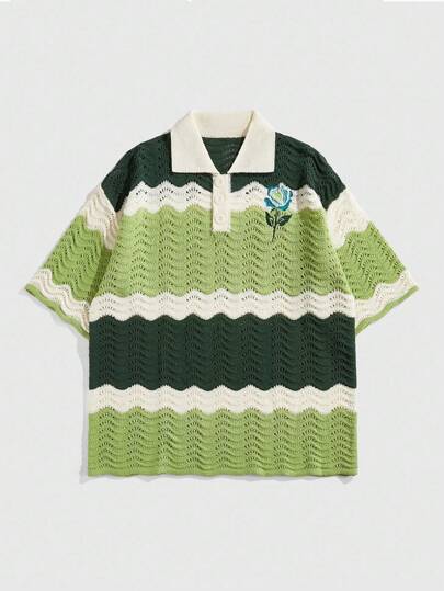 Prep Camiseta polo de punto con bordado de rayas y flores de color contrastante para hombres