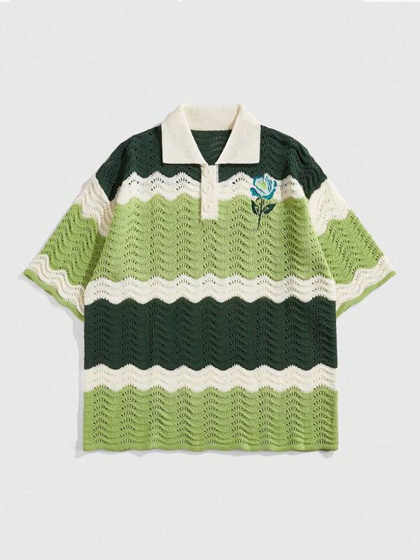 ROMWE MEN Street Life Men's Contrast Color Stripe & Floral Embroidery Knit Polo Shirt